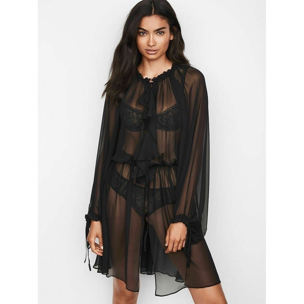 Victoria's Secret Angels Chiffon Kimono Robe Duster Black Sz XS Sexy Sheer Black